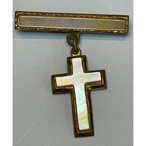 Mourning Pin White MOP Brooch Cross Religious